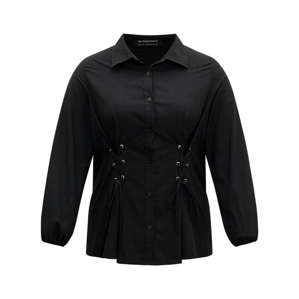Plus Size Black Cotton Shirt Collar Lace Up Blouse Women Office Long Sleeve Shirt collar Work Blouses BloomChic 28/5X Product Image
