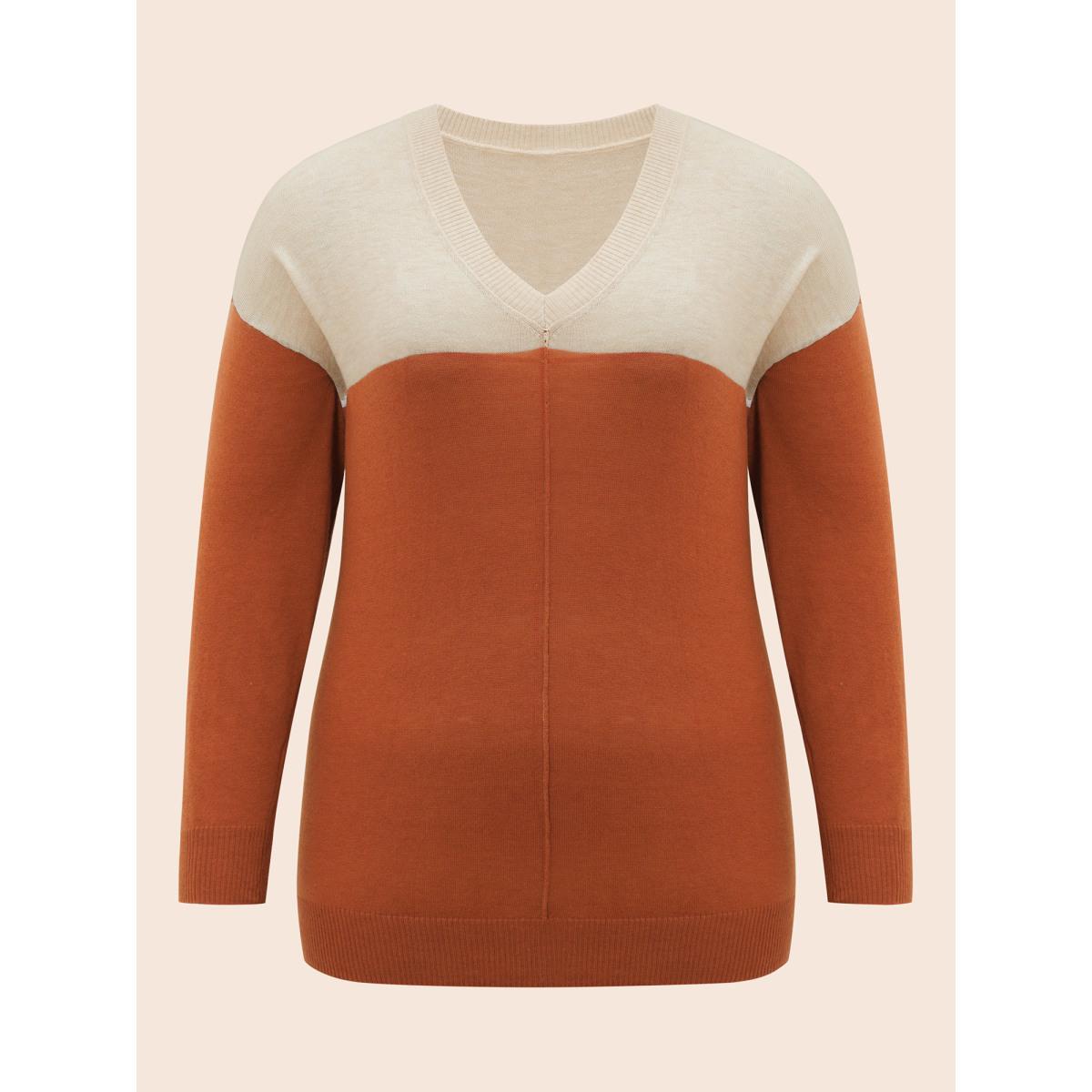 Plus Size Supersoft Essentials Colorblock Two Tone Patchwork V Neck Pullover Chocolate Women Casual Loose Long Sleeve V-neck Dailywear Pullovers BloomChic 18-20/2X Product Image