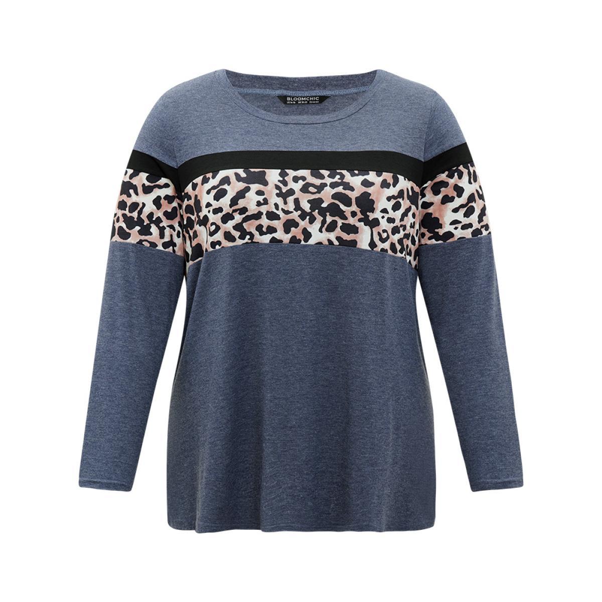 Plus Size Leopard Heather Patchwork Crew Neck T-shirt Blue Women Casual Patchwork Patchwork Round Neck Dailywear T-shirts BloomChic 30/6X Product Image