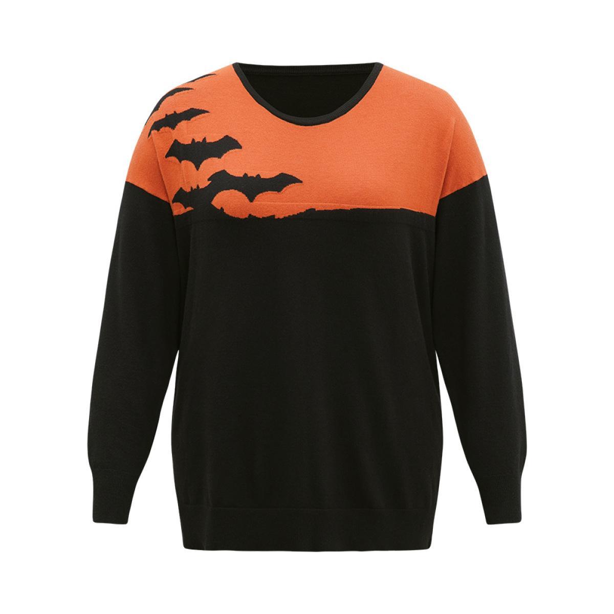 Plus Size Halloween Supersoft Essentials Two Tone Bat Print Pullover Black Women Casual Long Sleeve Round Neck Festival-Halloween Pullovers BloomChic 22-24/3X Product Image