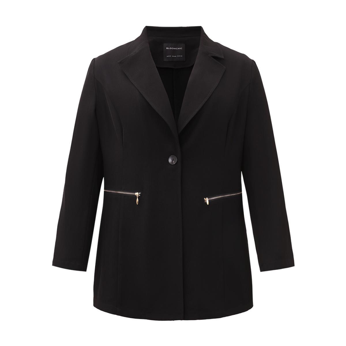 Plus Size Lapel Collar Zipper Button Up Blazer Black Women Work Plain Plain Sleeve Long Sleeve Lapel Collar 26/4X Pocket Office Blazers BloomChic Product Image