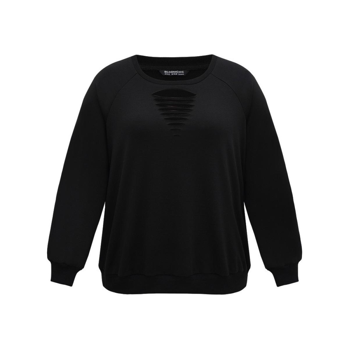 Plus Size Solid Rib Knit Cut Out Raglan Sleeve Sweatshirt Women Black Casual Rib Knit Keyhole Cut-Out Everyday Sweatshirts BloomChic 22-24/3X Product Image