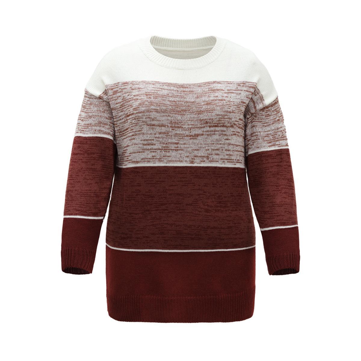 Plus Size Heather Colorblock Contrast Knit Pullover Russet Women Casual Loose Long Sleeve Round Neck Dailywear Pullovers BloomChic 26/4X Product Image