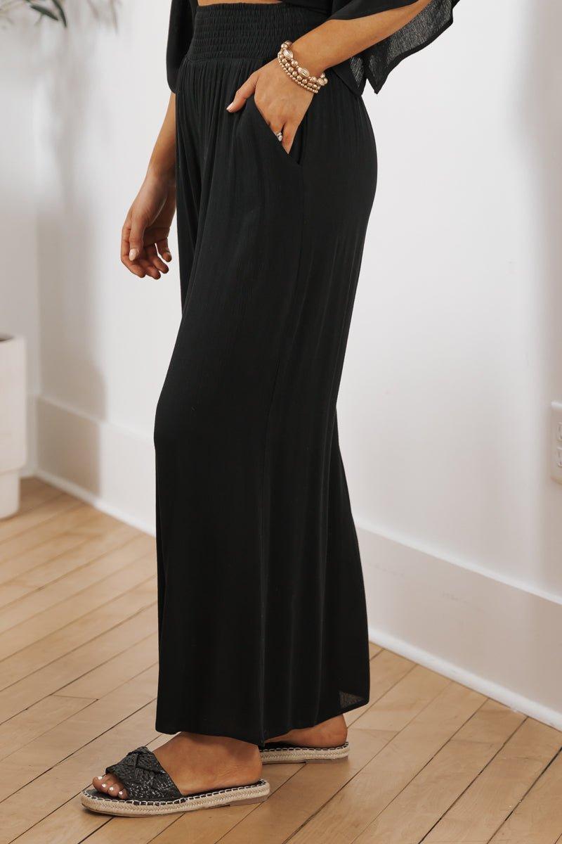 Black Smocked Waist Flowy Pants - FINAL SALE Product Image