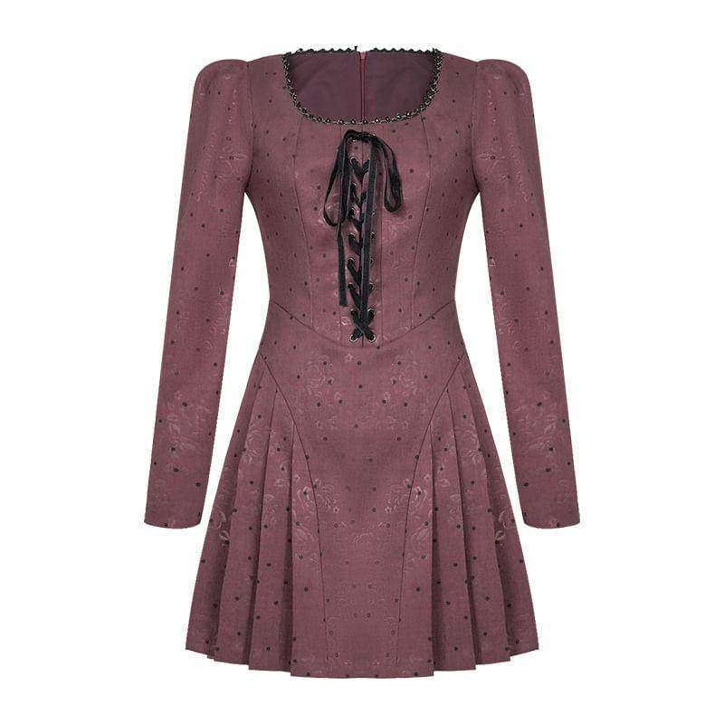 Long-Sleeve Scoop Neck Dotted Jacquard Bow Pleated Mini A-Line Dress Product Image