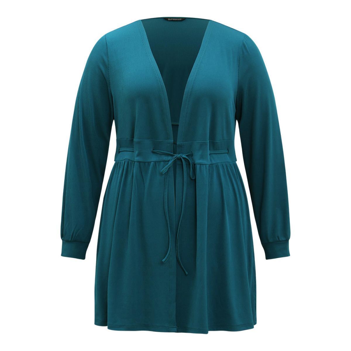Plus Size Plain Drawstring Knot Gathered Open Front Coat Women Cyan Casual Plain Dailywear Kimonos BloomChic 10/M Product Image