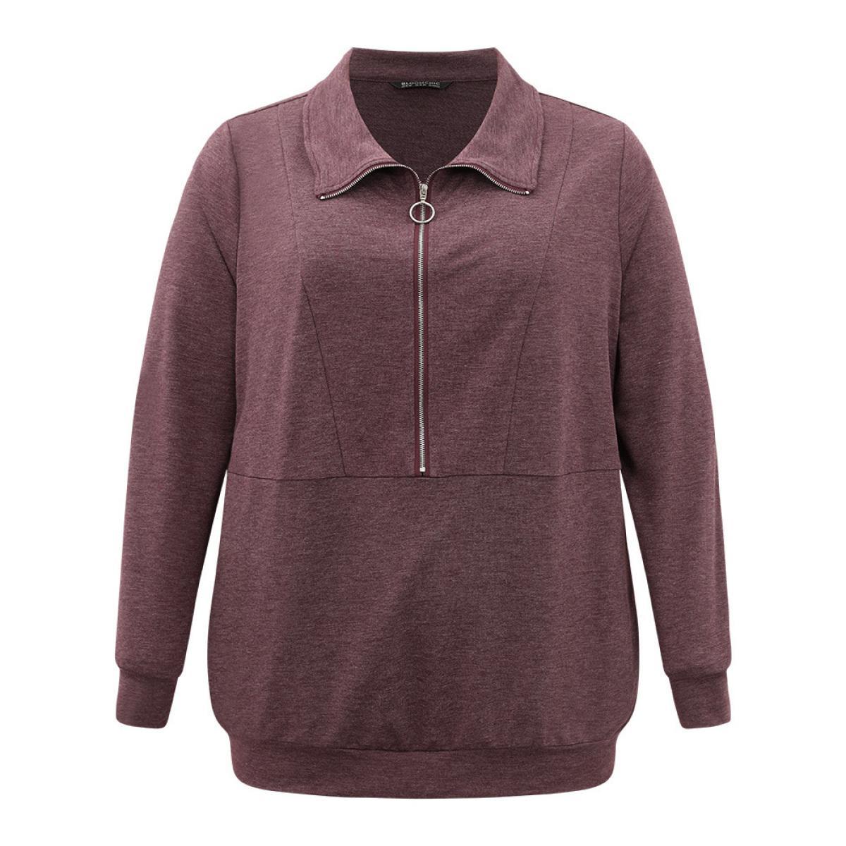 Plus Size Plain O Ring Half Zip Sweatshirt Women Eggplant Casual Plain Lapel Collar Dailywear Sweatshirts BloomChic 12/L Product Image