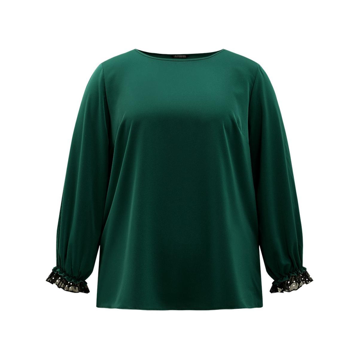 Plus Size DarkGreen Sequin Mesh Patchwork Lantern Sleeve Blouse Women Glamour Long Sleeve Round Neck Going out Blouses BloomChic 26/4X Product Image