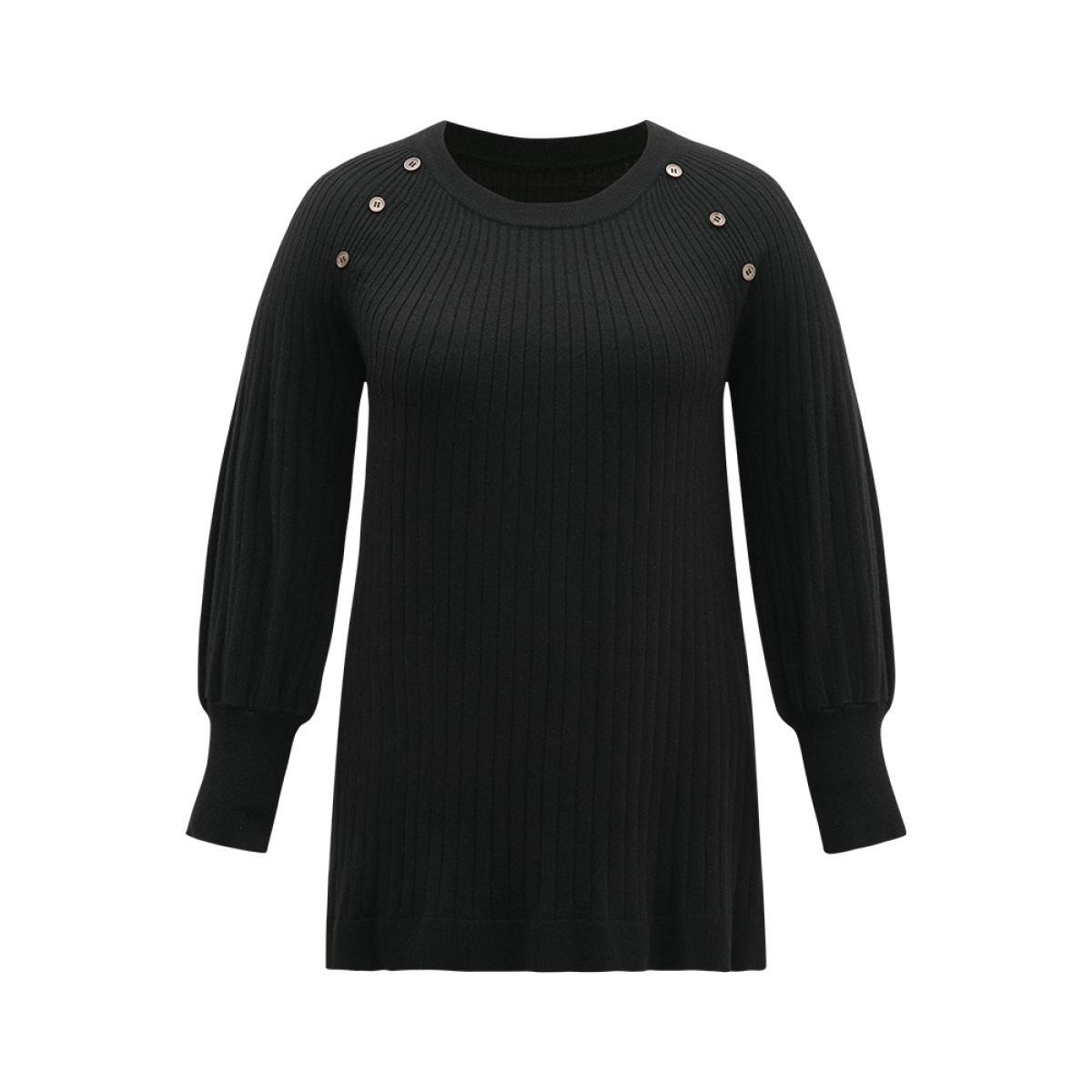 Plus Size Supersoft Essentials Anti-Pilling Button Detail Pullover Black Women Casual Loose Long Sleeve Round Neck Dailywear Pullovers BloomChic 28/5X Product Image