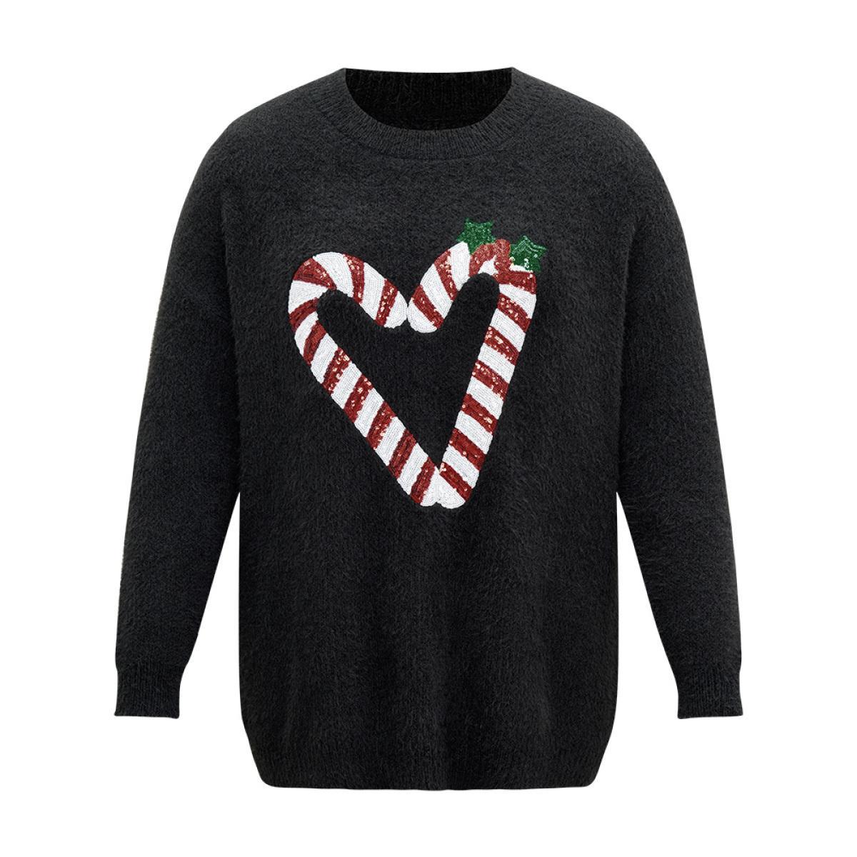 Plus Size Sequin Christmas Heart Graphic Pullover Black Women Casual Loose Long Sleeve Round Neck Festival-Christmas Pullovers BloomChic 30/6X Product Image