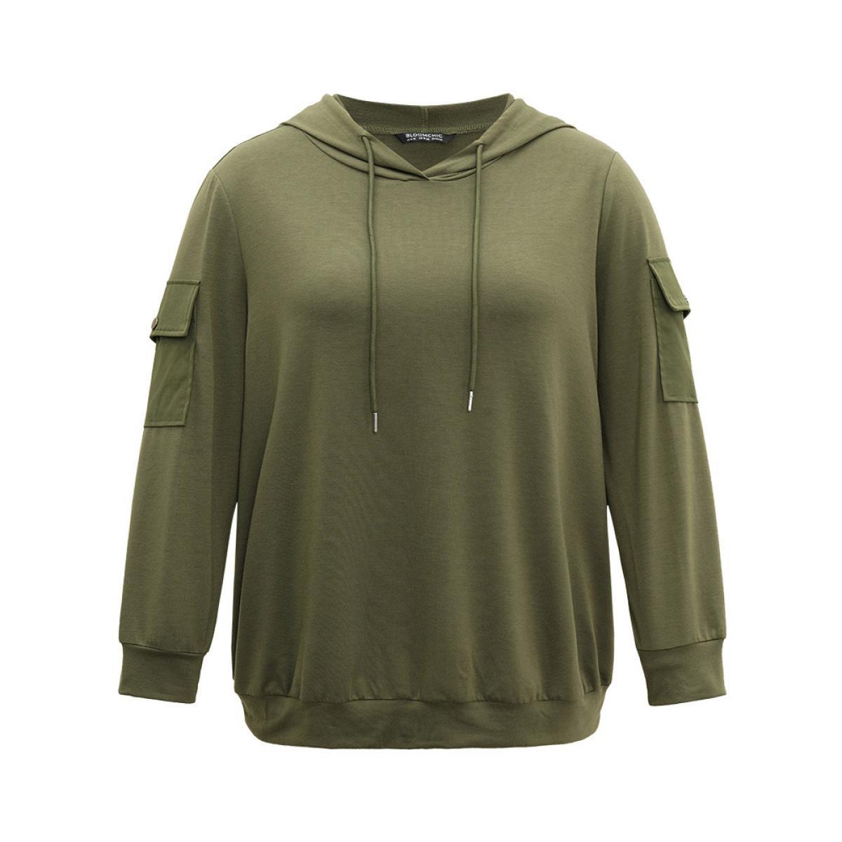 Plus Size Solid Flap Pocket Hooded Drawstring Sweatshirt Women ArmyGreen Casual Plain Hooded Dailywear Sweatshirts BloomChic 18-20/2X Product Image