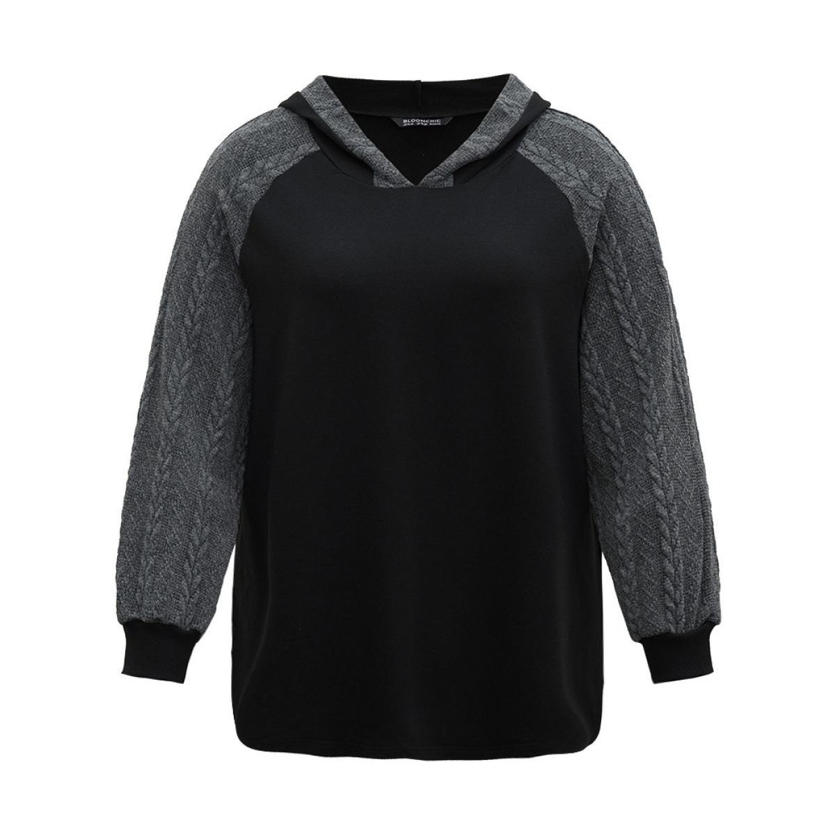 Plus Size Rib Knit Cable Knit Patchwork Hooded Sweatshirt Women Black Casual Elastic cuffs Hooded Dailywear Sweatshirts BloomChic 30/6X Product Image