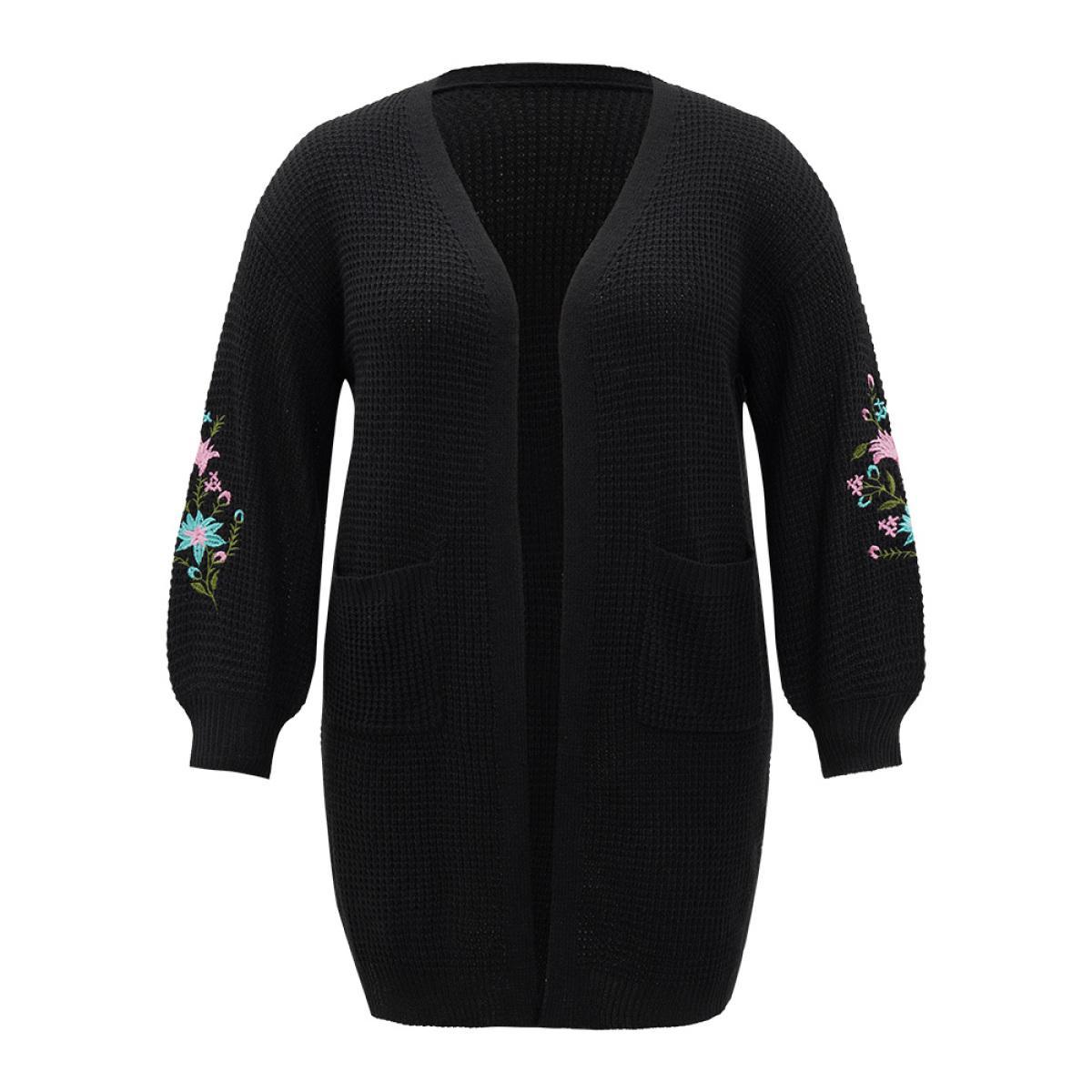 Plus Size Plants Embroidered Lantern Sleeve Open Front Cardigan Black Women Casual Loose Long Sleeve Dailywear Cardigans BloomChic 10/M Product Image