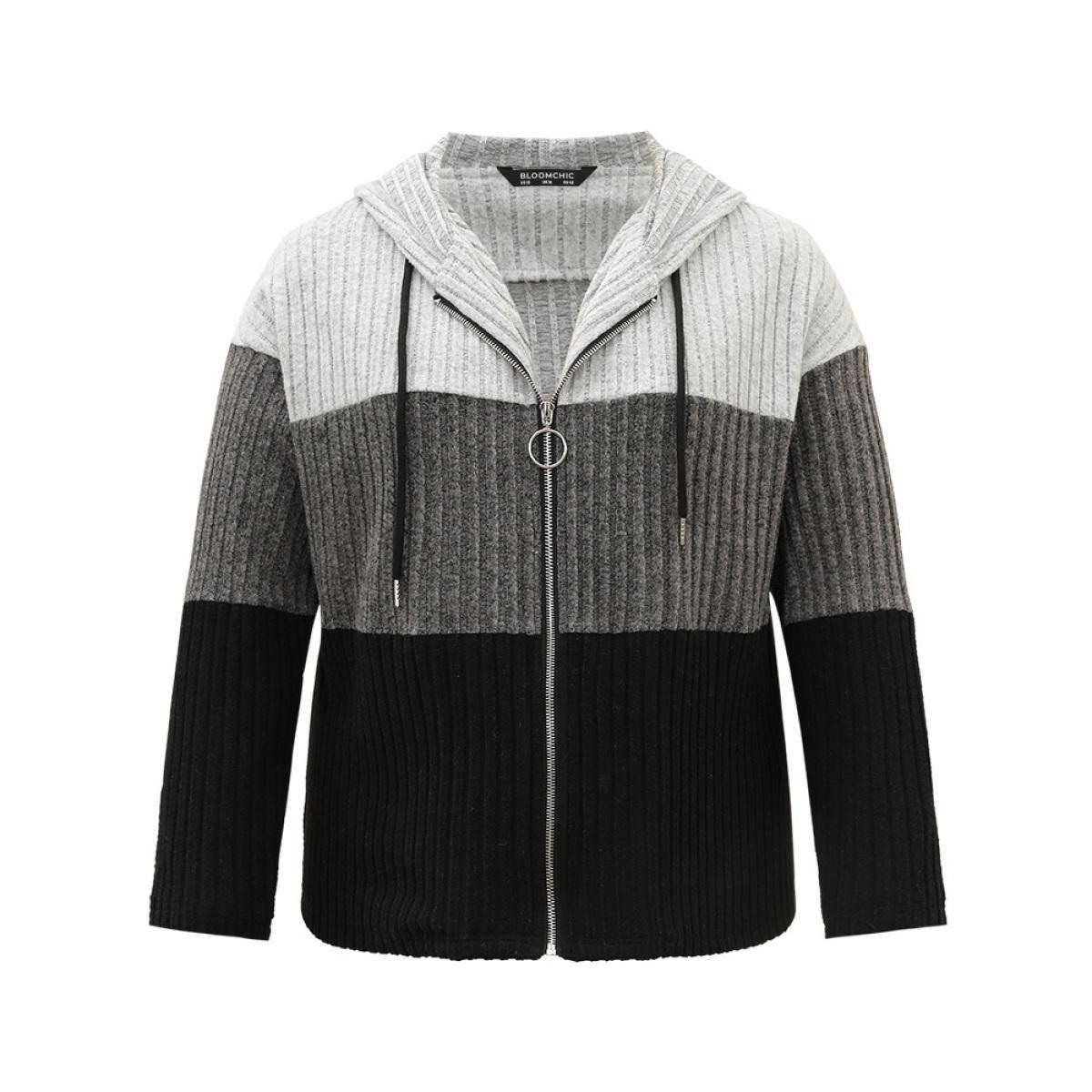 Plus Size Colorblock Contrast O Ring Zipper Jacket Women Gray Contrast Dailywear Jackets BloomChic 10/M Product Image