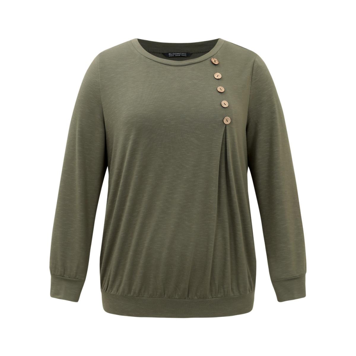 Plus Size Plain Plicated Detail Button Detail Sweatshirt Women Sage Casual Texture Round Neck Dailywear Sweatshirts BloomChic 10/M Product Image