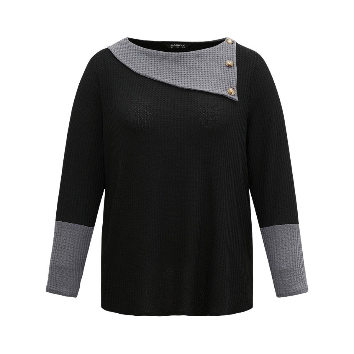 Plus Size Waffle Knit Lapel Collar Patchwork T-shirt Black Women Casual Waffle Knit Plain Round Neck Dailywear T-shirts BloomChic 18-20/2X Product Image
