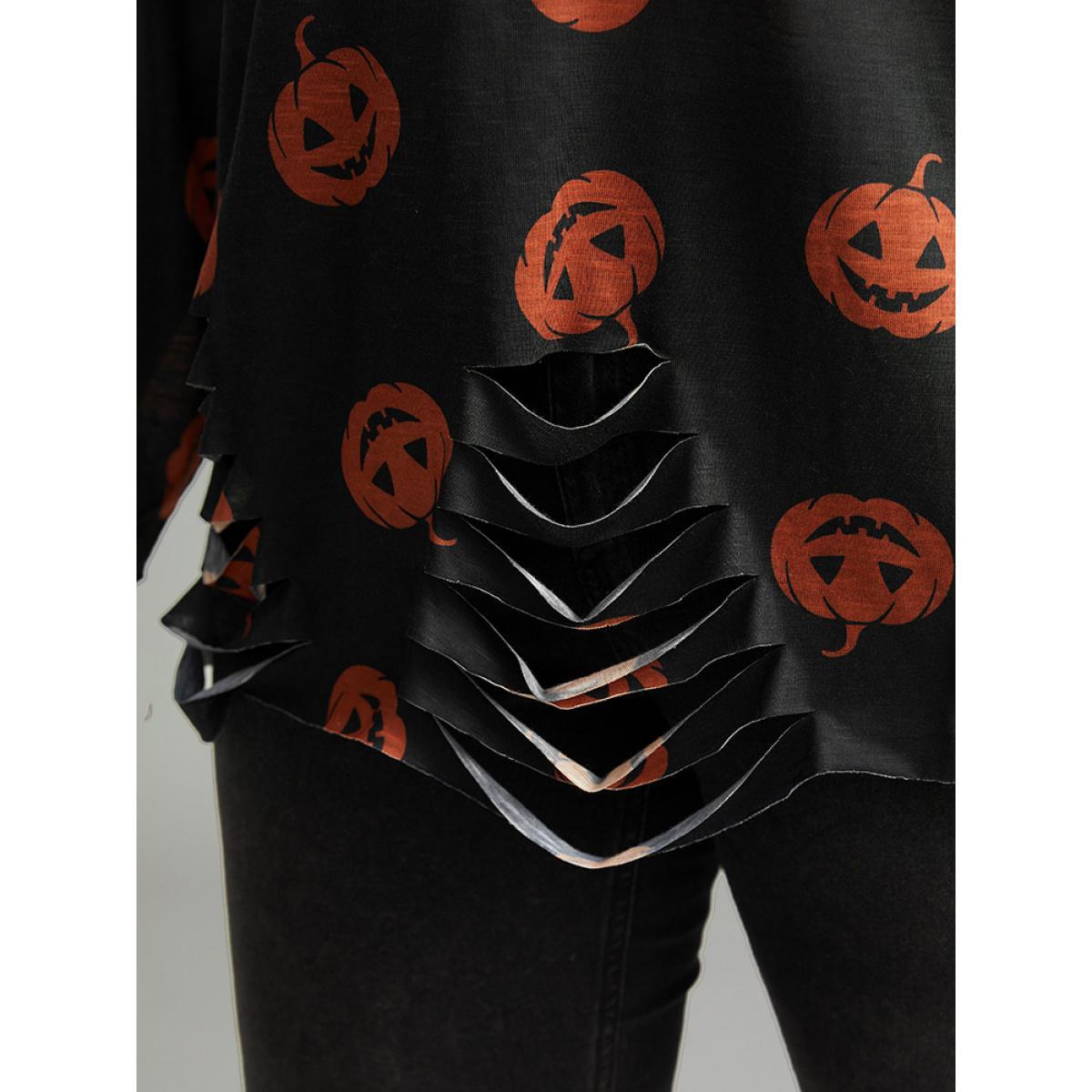 Plus Size Halloween Pumpkin Print Distressed T-shirt Black Women Casual Printed Graphic-Halloween Round Neck Festival-Halloween T-shirts BloomChic 30/6X Product Image