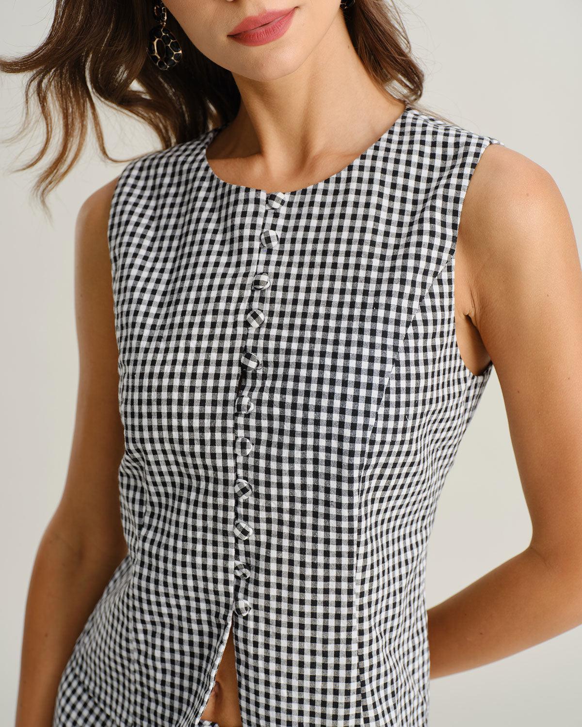 Black Plaid Button Vest Product Image