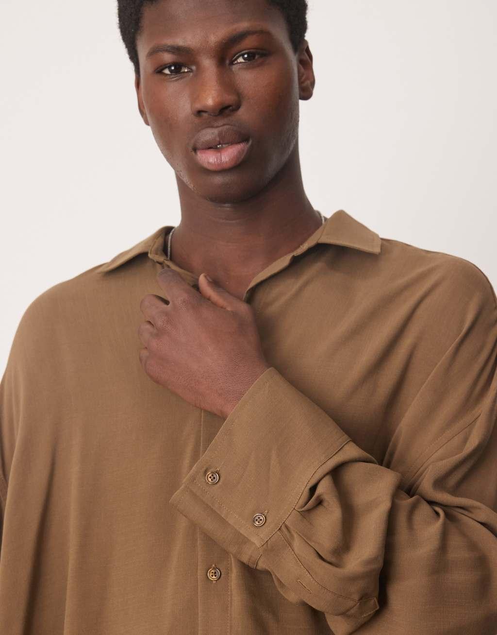 ASOS DESIGN volume oversized shirt with baggy sleeves in brown Product Image