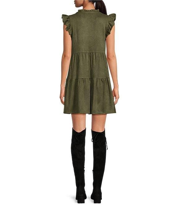 Skies Are Blue Faux Suede Split V-Neck Ruffle Cap Sleeve Tier Dress Product Image