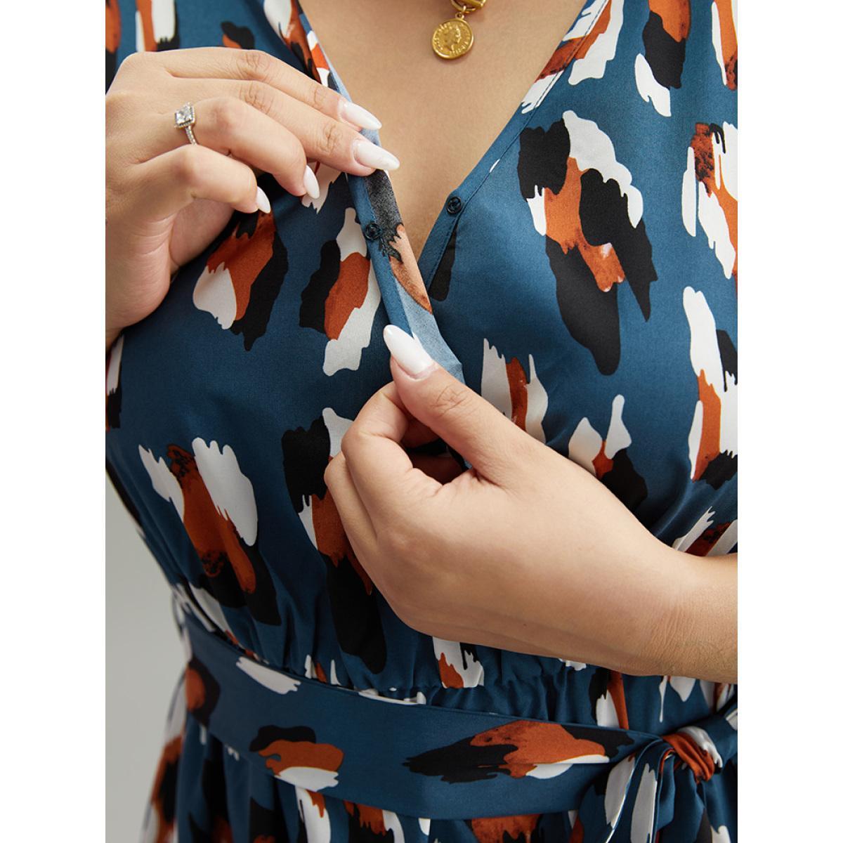 Plus Size Allover Print Ruffle Layered Hem Wrap Belted Dress Cerulean Women Office Elastic cuffs Overlap Collar Elbow-length sleeve Curvy Midi Dress BloomChic 30/6X Product Image