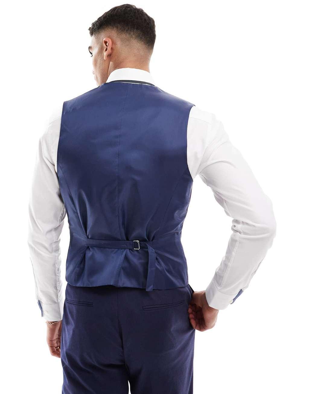 ASOS DESIGN slim with linen suit vest in navy Product Image