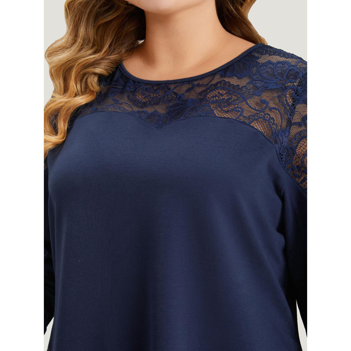 Plus Size Silhouette Floral Lace Mesh Patchwork Elastic Cuffs Sweatshirt Women Indigo Elegant Elastic cuffs Round Neck Dailywear Sweatshirts BloomChic 10/M Product Image