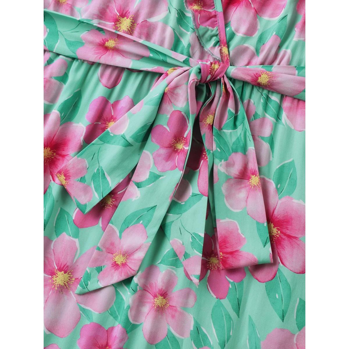 Plus Size Rayon Floral Print Pockets Midi Dress Multicolor Women Overlap Collar Short sleeve Curvy BloomChic 28/5X Product Image