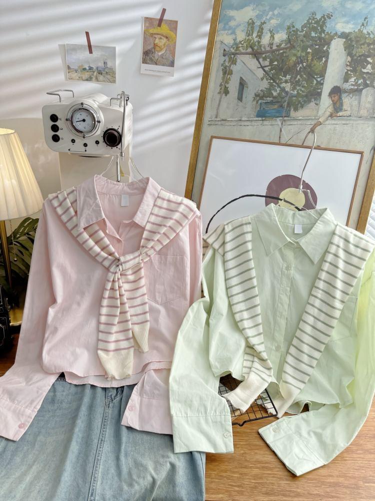Set: Long-Sleeve Plain Button-Up Crop Shirt + Striped Knit Shawl Product Image