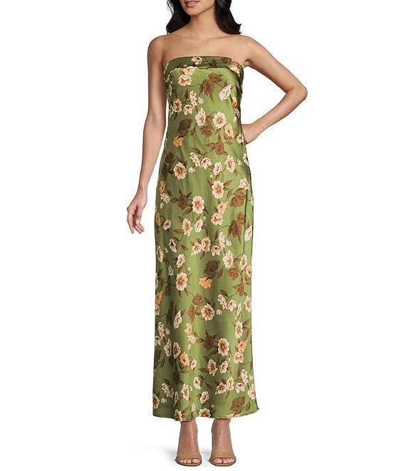 Allison & Kelly Chiffon Floral Printed Strapless Front Slit Midi Dress Product Image