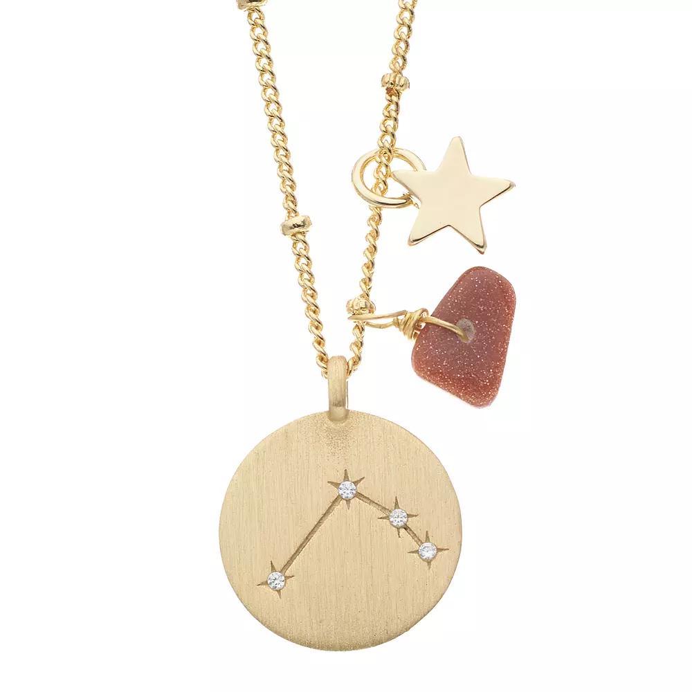 City Luxe Gold Tone Horoscope Cubic Zirconia Disk and Simulated Gemstone Charm Necklace, Women's, Gold Tone Capricorn Product Image