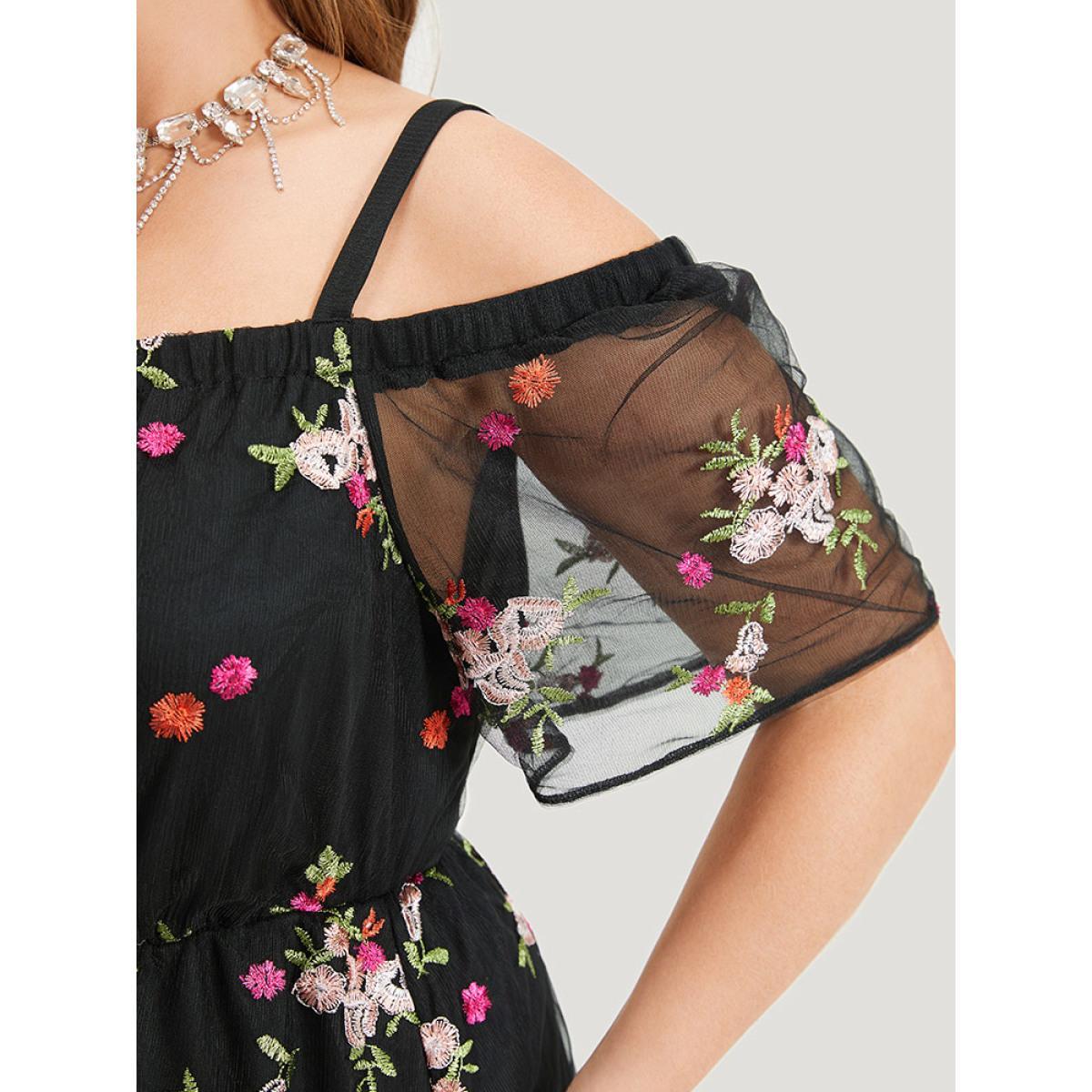 Plus Size Floral Embroidered Cold Shoulder Mesh Cami Dress Black Women Glamour Lined Spaghetti Strap Short sleeve Curvy Knee Dress BloomChic 26/4X Product Image