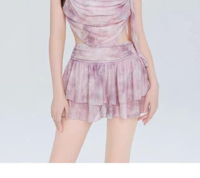 Set: Cowl Neck Tie Dye Floral Accent Ruched Tankini Top + Swim Skirt Product Image