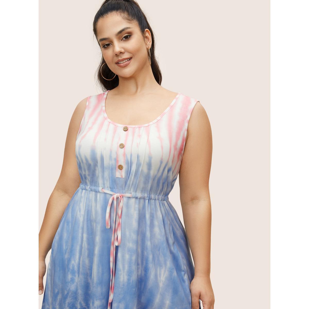 Plus Size Tie Dye Round Neck Drawstring Pleated Dress MistyRose Women Casual Drawstring Round Neck Sleeveless Curvy BloomChic 12/L Product Image