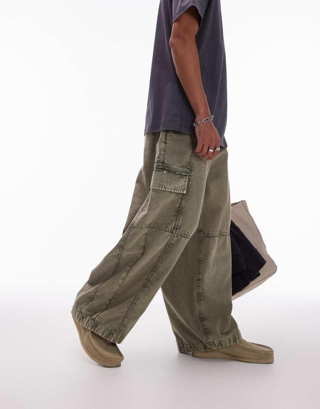 Topman wide leg washed cargo pants in khaki Product Image
