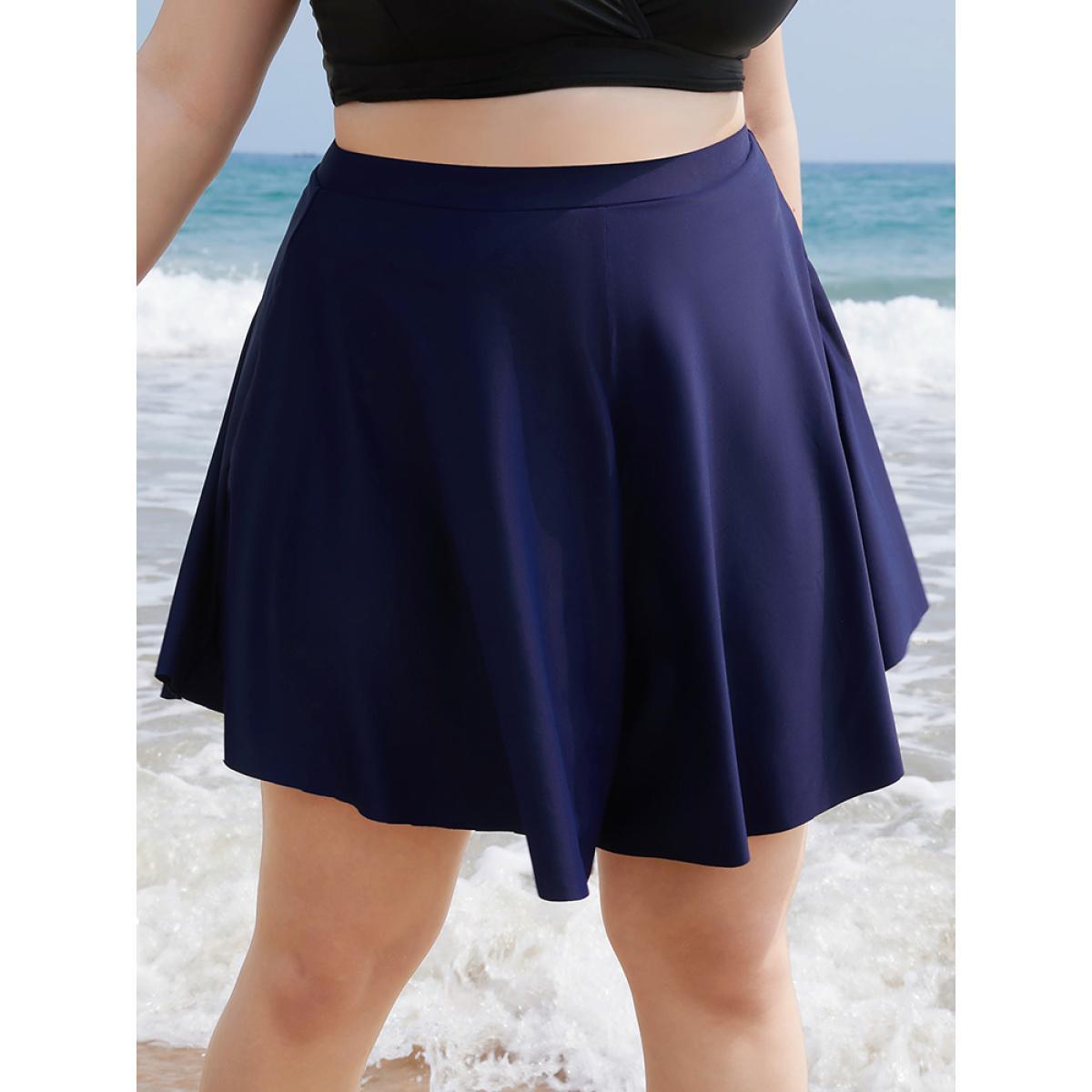Plus Size Plain Loose High Waist Swim Shorts Women's Swimwear Indigo Vacation Plain High stretch High Rise Curve Swim Bottoms BloomChic 26/4X Product Image