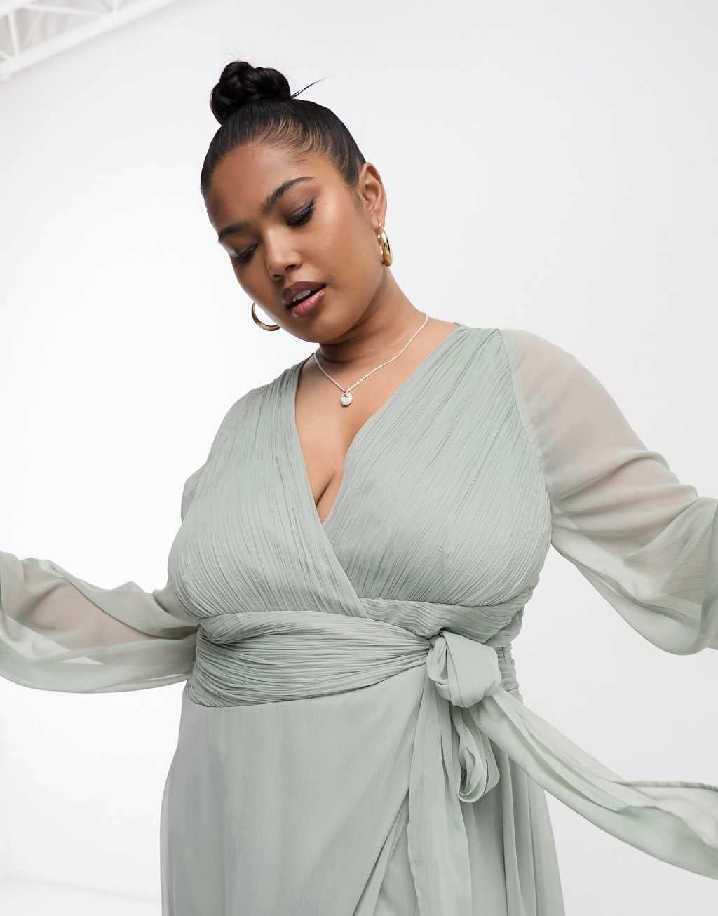 ASOS DESIGN Curve bridesmaid long sleeve ruched maxi dress with wrap skirt Product Image