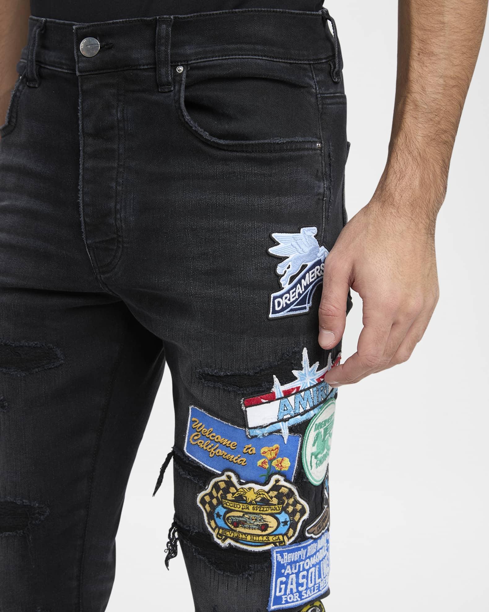 Men's Patchwork Slim-Fit Distressed Jeans Product Image