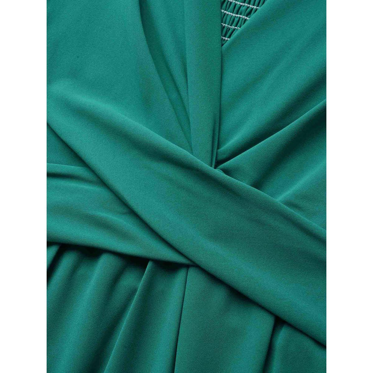 Plus Size Solid Shirred Crossover Flutter Sleeve Dress Emerald Women Elegant Twist V-neck Short sleeve Curvy BloomChic 14-16/1X Product Image