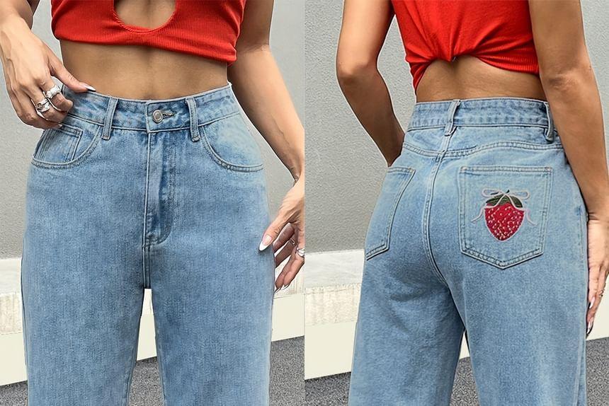 High Rise Strawberry Embroidered Wide Leg Jeans Product Image