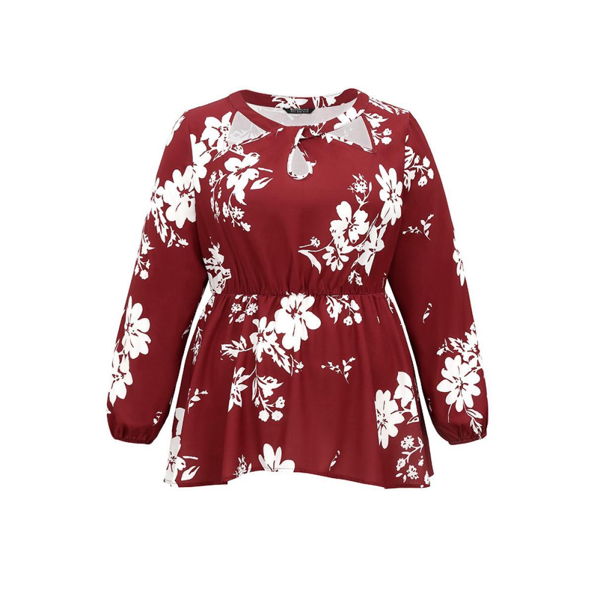Plus Size Scarlet Silhouette Floral Print Elastic Waist Cut Out Blouse Women Elegant Long Sleeve Round Neck Dailywear Blouses BloomChic 30/6X Product Image