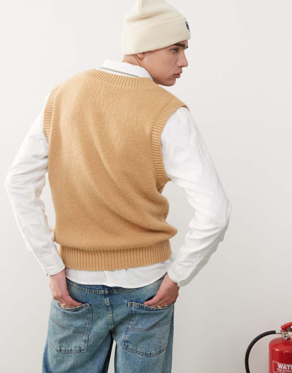 COLLUSION v-neck knitted vest in cream Product Image