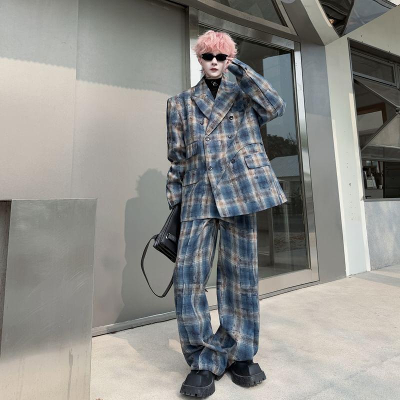 Set: Lapel Collar Plaid Double Breasted Blazer + Mid Rise Wide Leg Pants Product Image