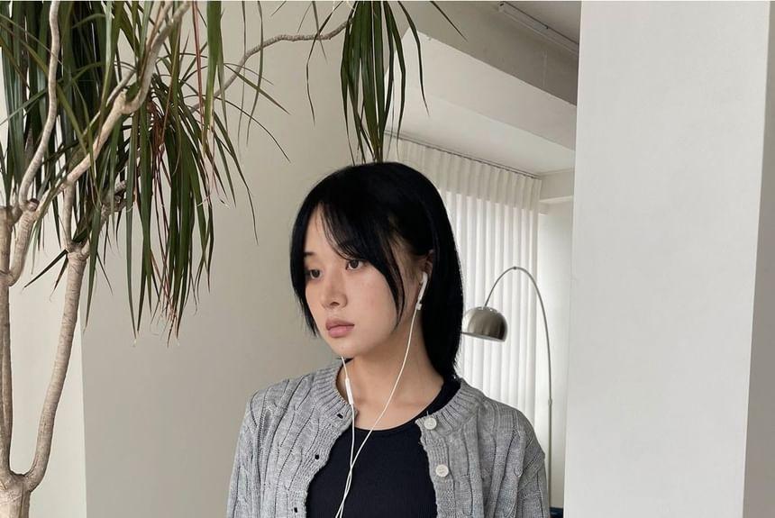 Plain Round Neck Slim-Fit Cardigan Product Image