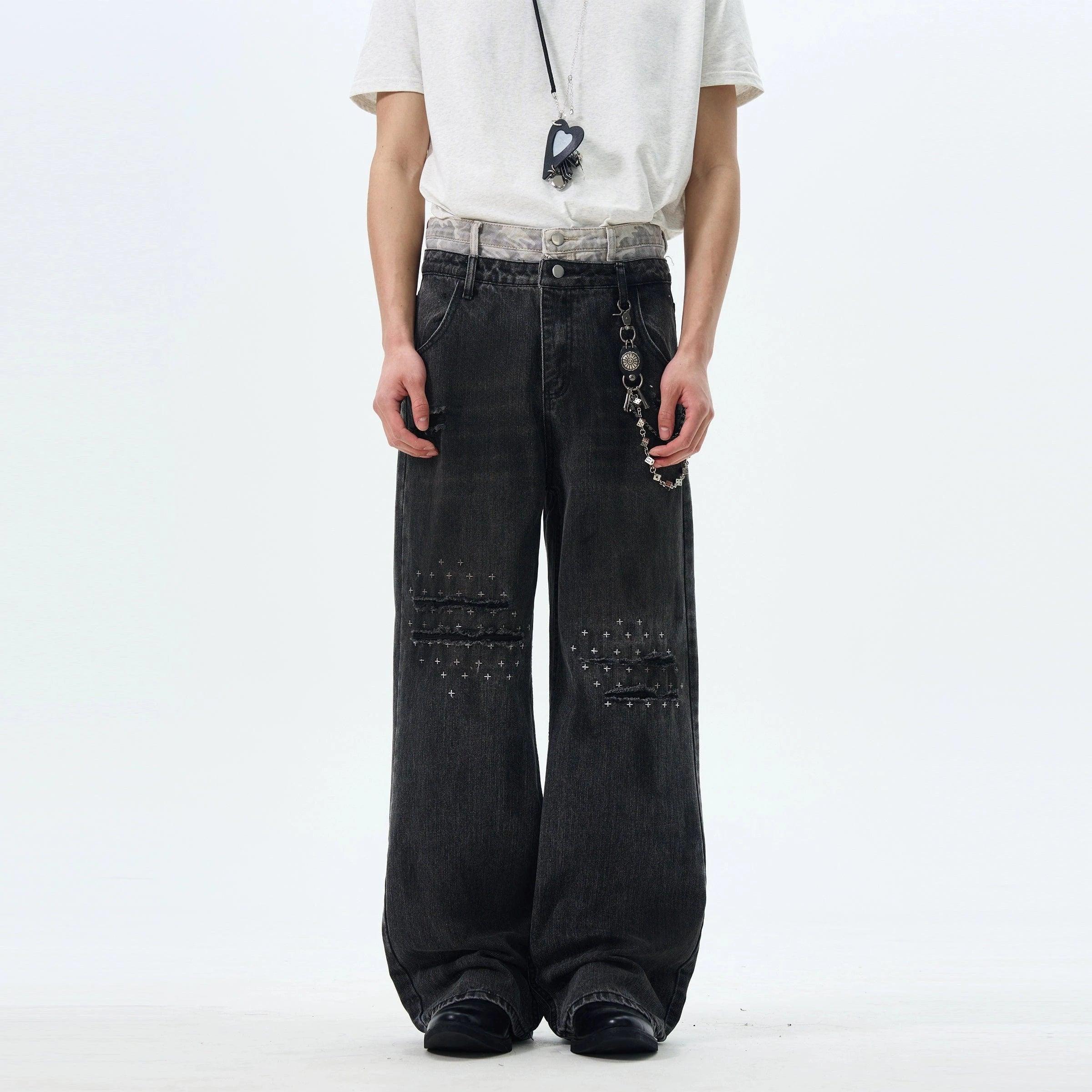 RT No. 18053 DISTRESSED MUD WASHED DENIM STRAIGHT JEANS Product Image