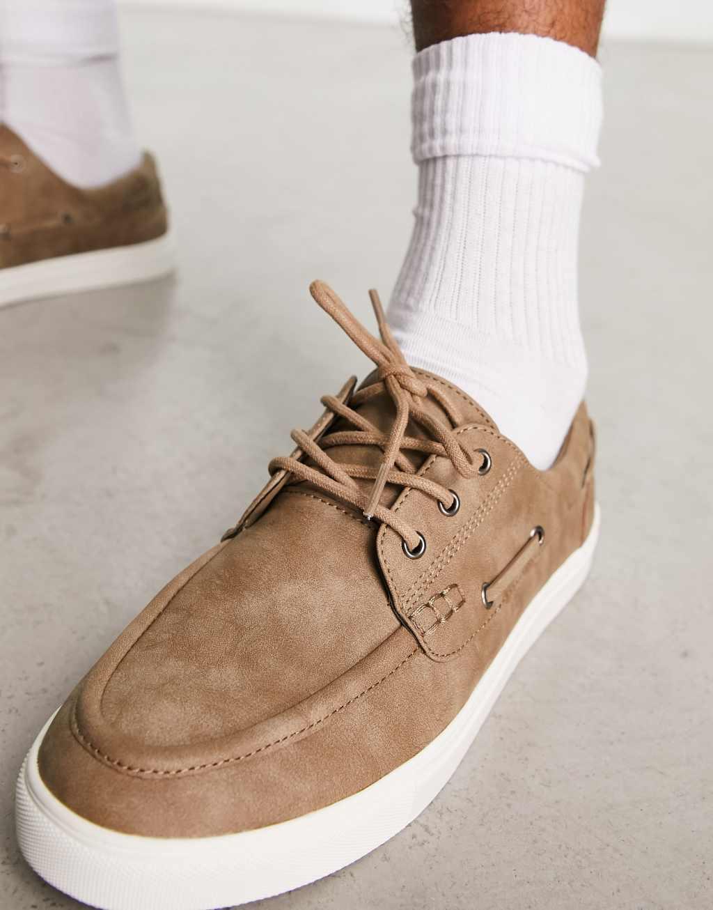 ASOS DESIGN boat shoes in stone faux leather with white sole Product Image