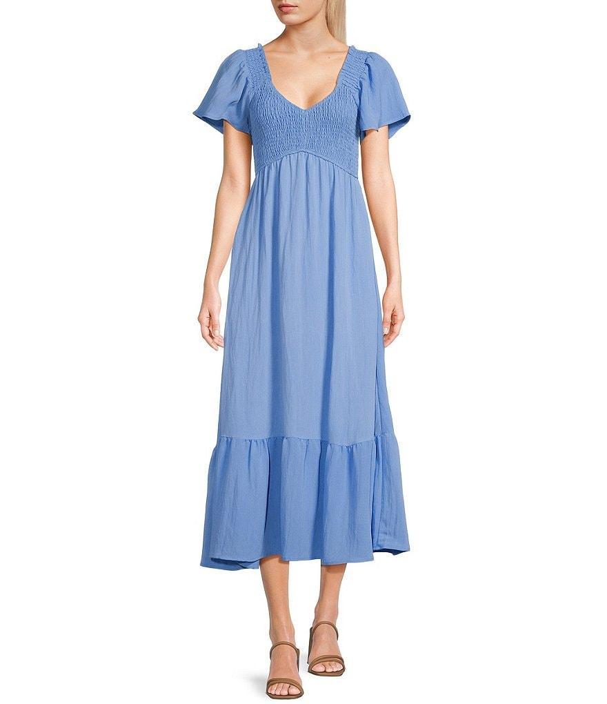 Blu Pepper Flutter Sleeve Smocked V-Neck Midi Dress Product Image