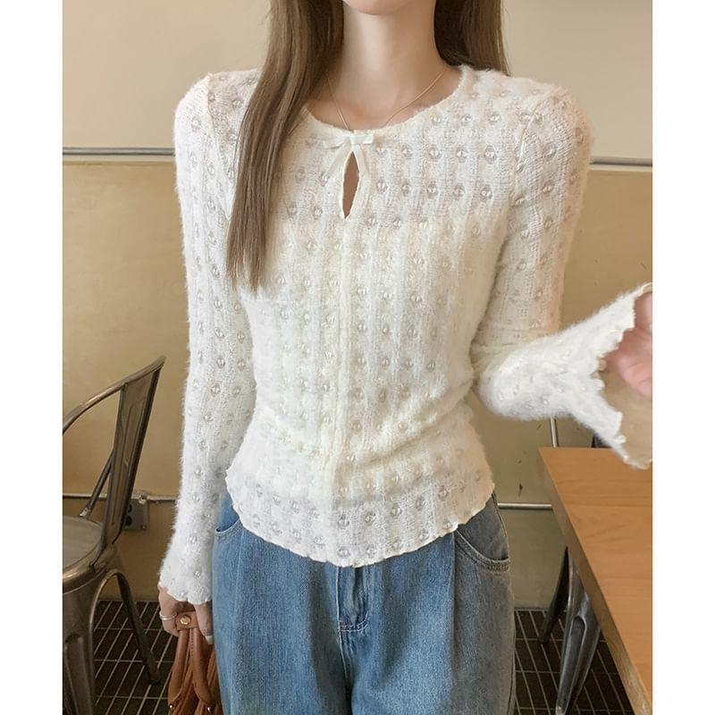 Long-Sleeve Round Neck Patterned Blouse Product Image