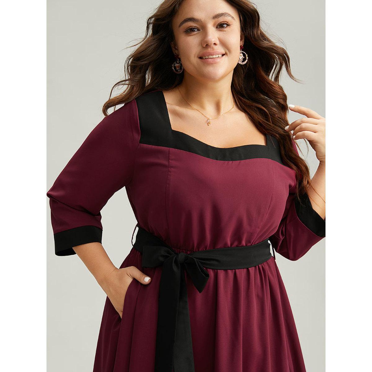 Plus Size Anti-Wrinkle Two Tone Patchwork Square Neck Dress Burgundy Women Elegant Belted Square Neck Elbow-length sleeve Curvy Midi Dress BloomChic 12/L Product Image