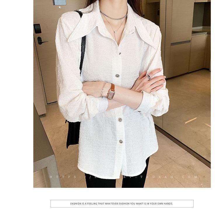 Puff-Sleeve Plain Textured Shirt Product Image